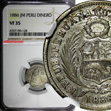 PERU Silver 1886 JM Dinero NGC VF35 "FB" left of shield Reverse RARE TYPE KM#190