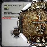 PERU Silver 1842 LIMA 1/4 Real NGC MS63 RAINBOW TONED TOP GRADED BY NGC KM#143.1