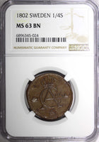 SWEDEN Gustav IV Adolf 1802 1/4 Skilling NGC MS63 BN  KM# 564 (024)