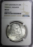 Czechoslovakia Silver 1937 20 Korun Death of President Masaryk NGC MS63 KM#18(7)