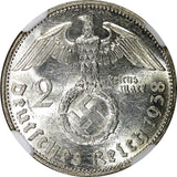 Germany-Third Reich Silver 1938 E 2 Reichs Mark NGC MS61 Hindenburg KM# 93 (020)