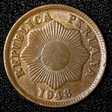Peru Bronze 1948 1 Centavo  Thin Planchet aUNC- UNC KM# 211a (28 250)