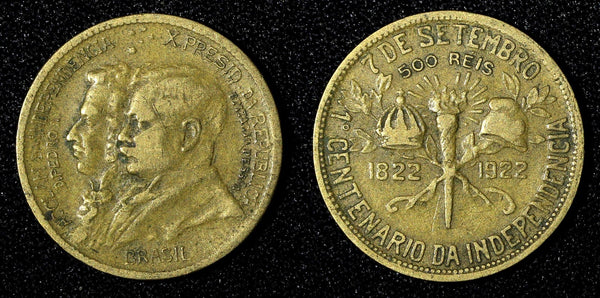 BRAZIL Dom Pedro and President Pess Aluminum-Bronze 1922 500 Reis KM# 521.1 (50)