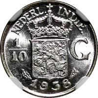 Netherlands East Indies Wilhelmina I Silver 1938  1/10 Gulden NGC MS63 KM#318(2)