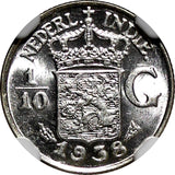 Netherlands East Indies Wilhelmina I Silver 1938  1/10 Gulden NGC MS63 KM#318(2)