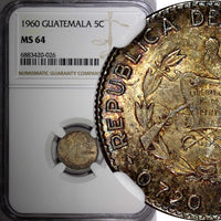 GUATEMALA Silver 1960 5 Centavos NGC MS64 Nice Toned KM# 261 (026)