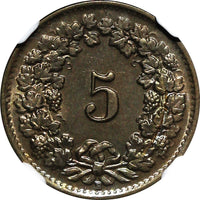 SWITZERLAND Copper-Nickel 1949 B 5 Rappen NGC MS65 HELVETICA KM# 26 (49)