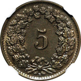 SWITZERLAND Copper-Nickel 1949 B 5 Rappen NGC MS65 HELVETICA KM# 26 (49)