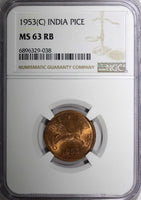 India-Republic Bronze 1953 (C) 1 Pice Ashoka Lion NGC MS63 RB KM# 1.4 (038)