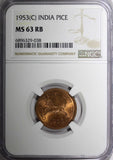 India-Republic Bronze 1953 (C) 1 Pice Ashoka Lion NGC MS63 RB KM# 1.4 (038)