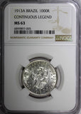 BRAZIL Silver 1913 A 1000 Reis NGC MS63 Liberty.Continuous Legend KM# 513 (005)