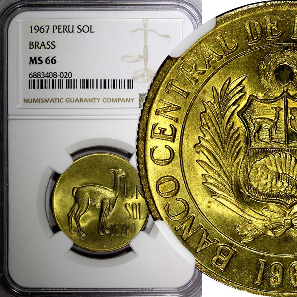 PERU Brass 1967 1 Sol NGC MS66 Llama GEM BU COIN 28 mm TOP GRADED KM# 248 (020)