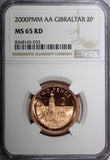 Gibraltar Elizabeth II 2000 2 Pence BU NGC MS65 RD FULL RED KM# 774 (033)