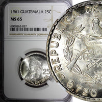 GUATEMALA Silver 1961 25 Centavos NGC MS65 GEM BU KM# 263 (027)