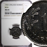 FINLAND Iron 1943 S 1 Markka WWII Issue NGC MS65 TOP GRADED BY NGC KM# 30b (042)