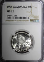 GUATEMALA Silver 1964 25 Centavos NGC MS62 GEM BU LAST YEAR KM# 263 (030)