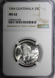 GUATEMALA Silver 1964 25 Centavos NGC MS62 GEM BU LAST YEAR KM# 263 (030)