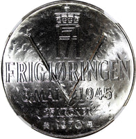 Norway Olav V Silver 1970 25 Kroner NGC MS66 Anniversary of Liberation KM#414(2)