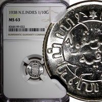 Netherlands East Indies Wilhelmina I Silver 1938  1/10 Gulden NGC MS63 KM#318(2)