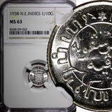 Netherlands East Indies Wilhelmina I Silver 1938  1/10 Gulden NGC MS63 KM#318(2)