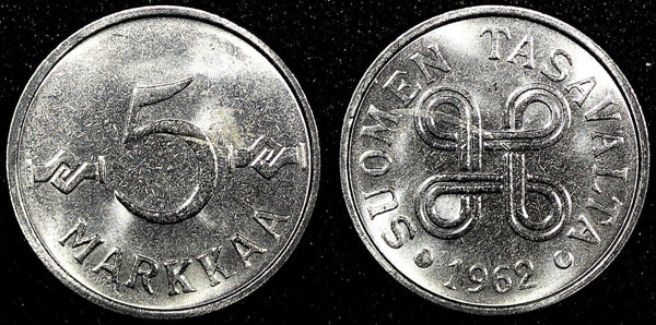 Finland Nickel Plated Iron 1962 5 Markkaa BETTER DATE UNC KM# 37a  (24 092)