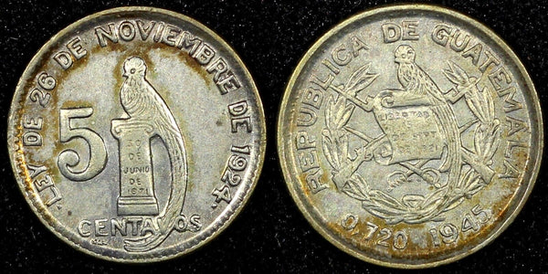 Guatemala Silver 1945 5 Centavos Guatemala City Mint KM# 238.1  (24 445)