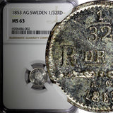 SWEDEN Silver 1853 AG 1/32 Riksdaler Large "AG" NGC MS63 NICE TONING KM# 681 (2)