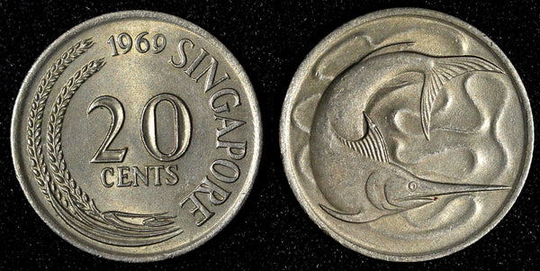 Singapore Copper-Nickel 1969 20 Cents Swordfish KM# 4 (28 114)