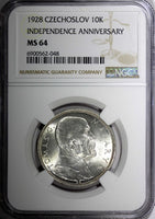 Czechoslovakia Silver 1928 10 Korun Anniversary of Independ.NGC MS64 KM# 12 (48)