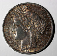 France Silver 1850 A 5 Francs Paris Mint aUNC Nice Toned 37mm KM# 761.1 (868)