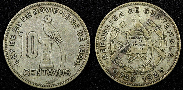 GUATEMALA Silver 1933 10 Centavos Royal British Mint KM# 239.2 (24 581)