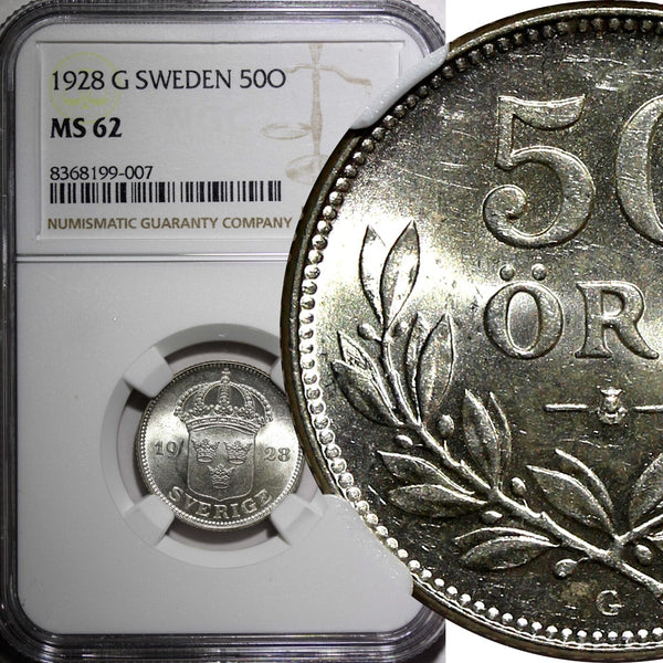 SWEDEN Gustaf V Silver 1928 G 50 Ore NGC MS62 KM# 788 (007)
