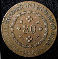 BRAZIL Pedro II Copper 1832 R 80 Reis  39 mm Brown KM# 379 (27 455)