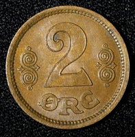 Denmark Christian X Bronze 1915 VBP; GJ 2 Ore UNC KM# 813.1 (27 692)