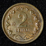 Lithuania Bronze 1936 2 Centai ch.VF KM# 80 (30 054)