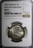 Germany-Third Reich Silver 1935 A 5 Reichsmark NGC MS64 Hindenburg KM# 86 (031)