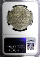 TUNISIA Silver AH1353 1934 20 Francs NGC UNC DETAILS 35mm KM# 263 (03)