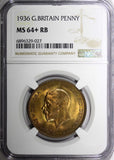 GREAT BRITAIN George V Bronze 1936 1 Penny NGC MS64+RB NICE TONING KM# 838 (027)