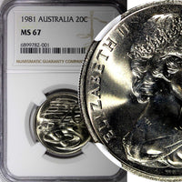 AUSTRALIA Elizabeth II  1981 20 Cents NGC MS67 GEM BU TOP GRADED KM# 66 (001)