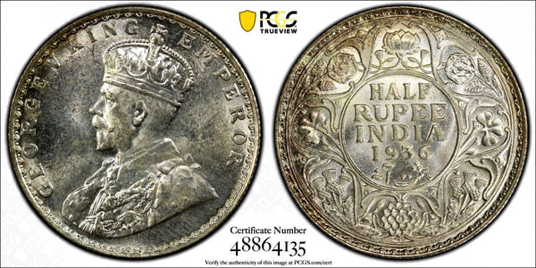 India-British George V Silver 1936 (B)  1/2 Rupee PCGS MS64 Luster KM# 522 (35)