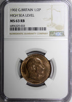 Great Britain Edward VII 1902 1/2 Penny HIGH SEA LEVEL NGC MS63 RB KM# 793.2 (3)