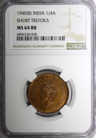 India-British George VI 1940 (B) 1/4 Anna Short Trefoils NGC MS64 RB KM# 531 (8)