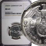 GERMANY-Third Reich Silver 1939 A 2 Reichs Mark NGC MS63 Hindenburg KM# 93 (018)