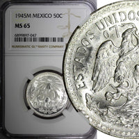 Mexico ESTADOS UNIDOS Silver 1945 M 50 Centavos NGC MS65 GEM GEM BU KM# 447 (47)