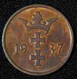Danzig	Free city Bronze 1937 2 Pfennig ,Last Year XF Nice Toned KM# 141 (30 055)