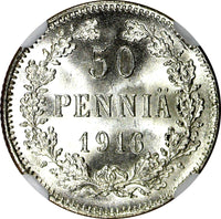 FINLAND Nicholas II Silver 1916 S 50 Penniä NGC MS65 GEM BU COIN KM# 2.2 (046)