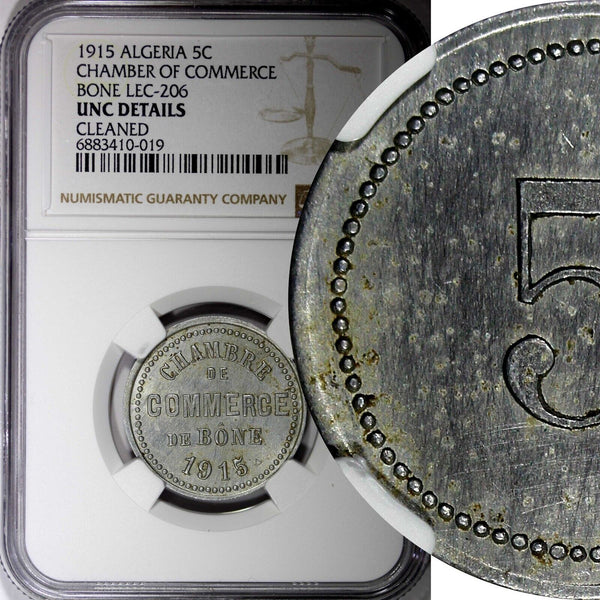 ALGERIA  1915 5 Centimes Token Bone Chamber of Commerce NGC UNC DETAILS KM# TnC1