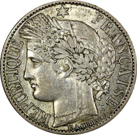 FRANCE Silver 1872 A 1 Franc Paris Mint KM# 822.1 (24 885)
