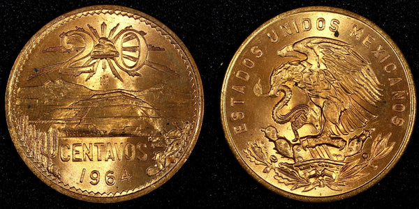 MEXICO  Bronze 1964 Mo 20 Centavos Red Toned GEM BU KM# 440 (27 372)