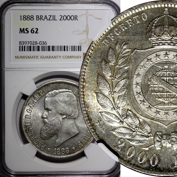 BRAZIL Pedro II Silver 1888 2000 Reis 37 mm NGC MS62 Light Toned KM# 485 (36)